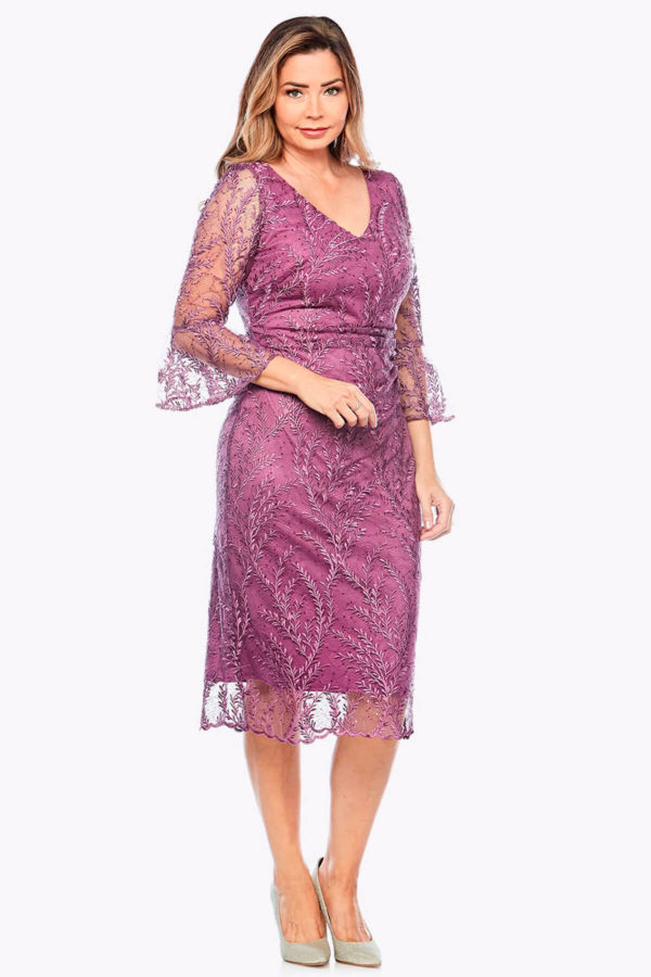 Jesse Harper JH0344 lace cocktail dress with bell sleeves in Cerise. full view