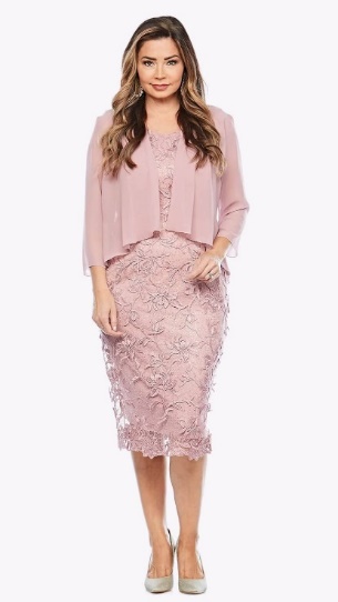 Jesse Harper JH0303 lace dress with chiffon jacket in dusty pink. full view