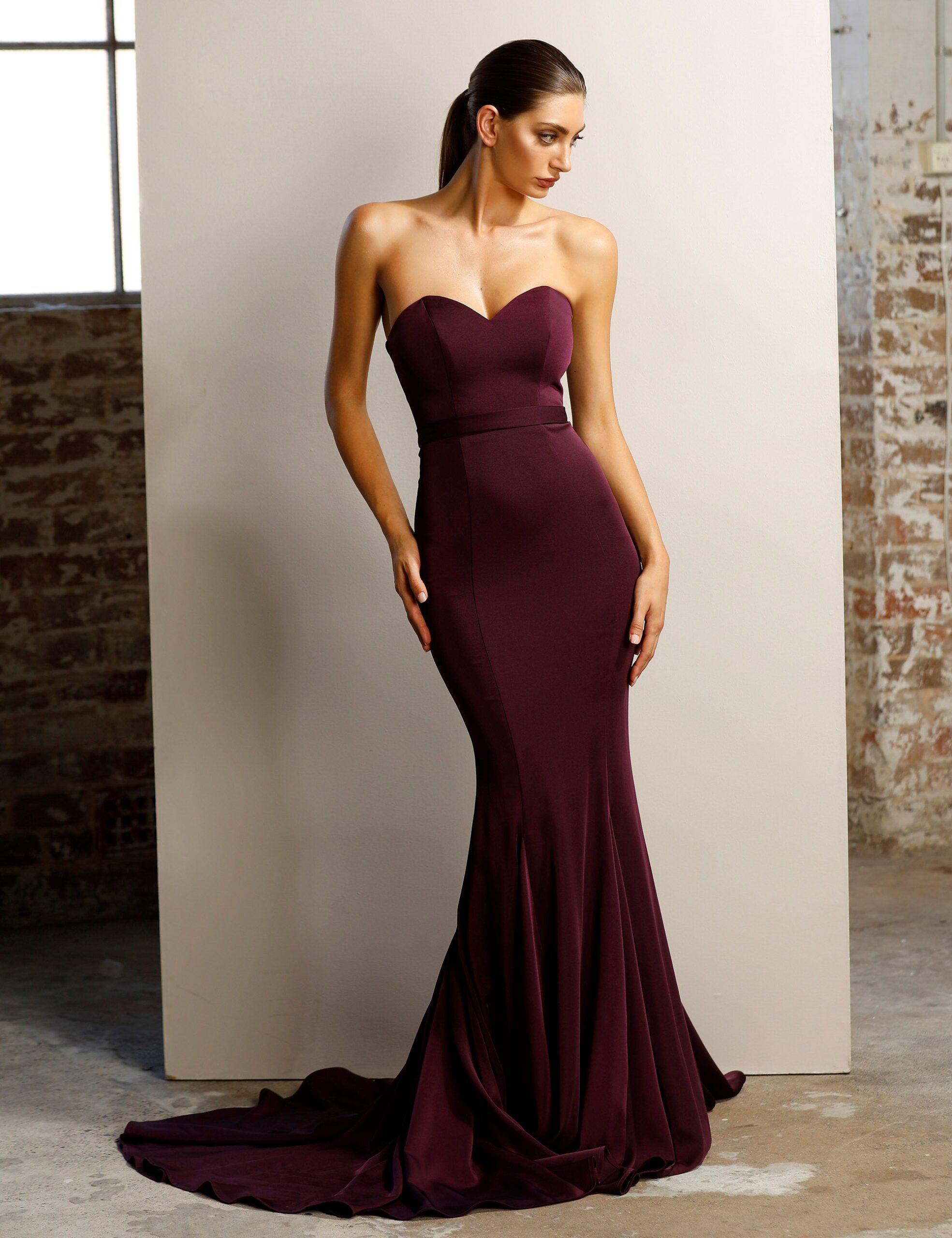 Jadore JX1047 strapless formal dress with train in plum