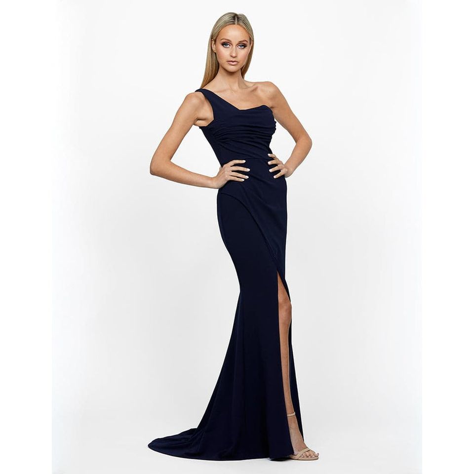 Bariano B55D17LT Star One Shoulder Draped Gown in Navy