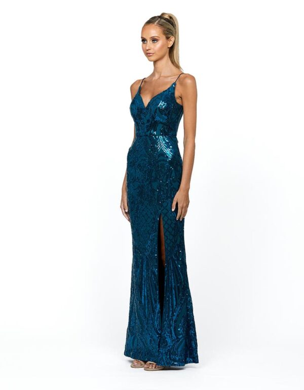 Bariano B54D22L Primrose sequin formal dress in teal side