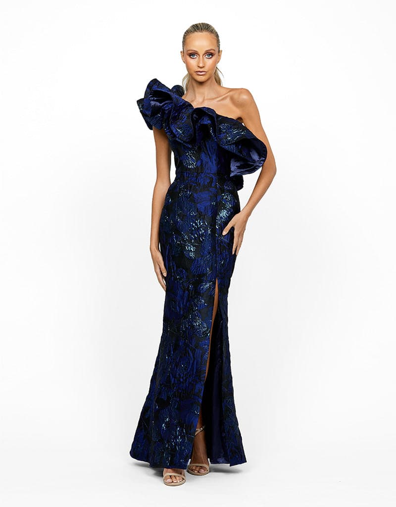 Bonne Nuit One Shoulder Ruffle Gown B55D19L by Bariano in Navy/Black. front view