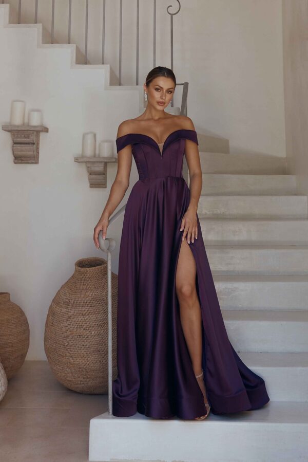 Tania Olsen Willa pO2311 satin off the shoulder, sweetheart neckline, a-line skirt with leg slit formal dress. front view