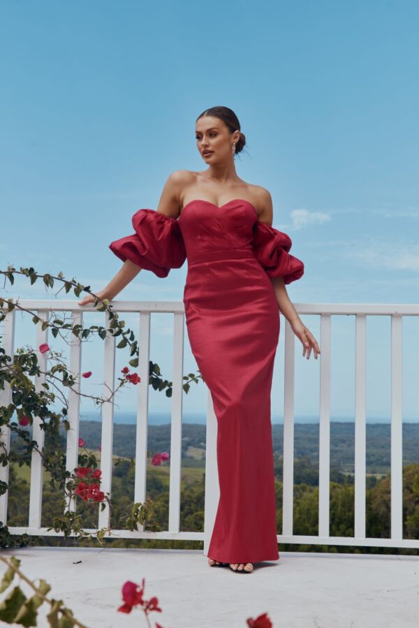 Tania Olsen Designs PO2303 Vivien evening dress with detachable sleeves in crimson. front view