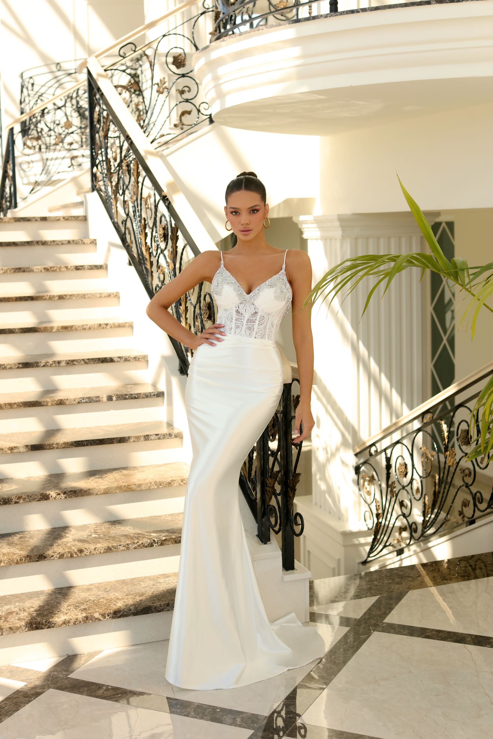 Nicoletta NC1018 beaded v neck formal dress in ivory, front view