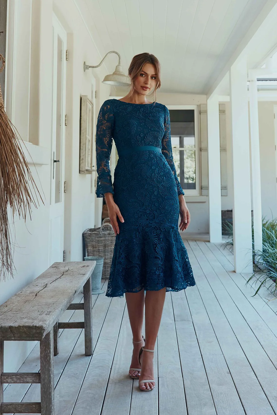 Tania Olsen Phaedra MO2352 guipure lace mid length long sleeve dress with flared hem in navy, front view
