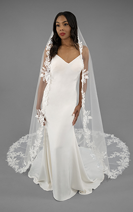 Stella York AVL0157 cathedral length veil with full length embroidered edging. front view