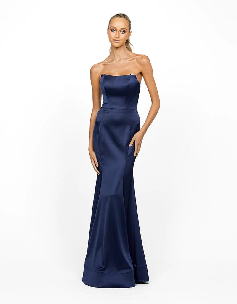 Bariano B55D24L Agape Strapless Flared Gown in Navy. Front view