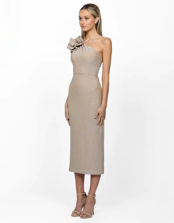 Bariano BL63D18S Alita Floral One Shoulder Midi in Nude Gold.