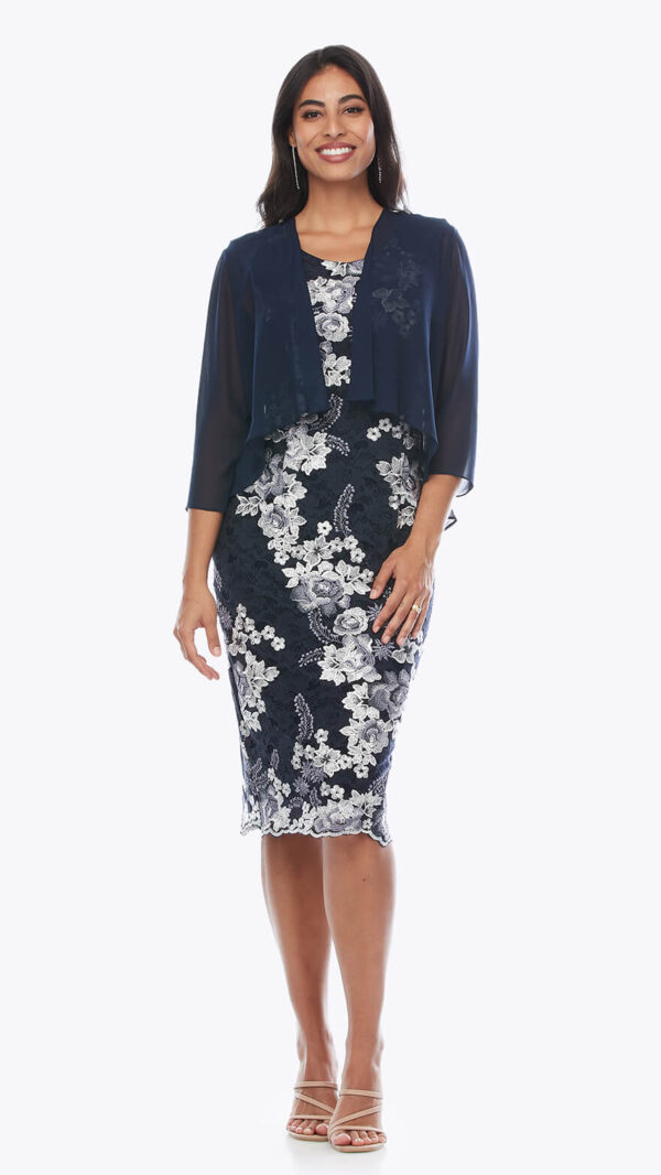 Jesse Harper JH0416 embroidered floral lace dress with chiffon jacket in Ink. Full view