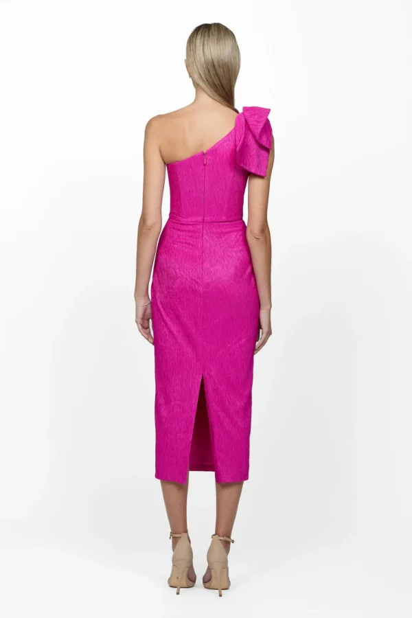 Kindra One Shoulder Bow Midi BL63D20S by Bariano in hot pink. back view