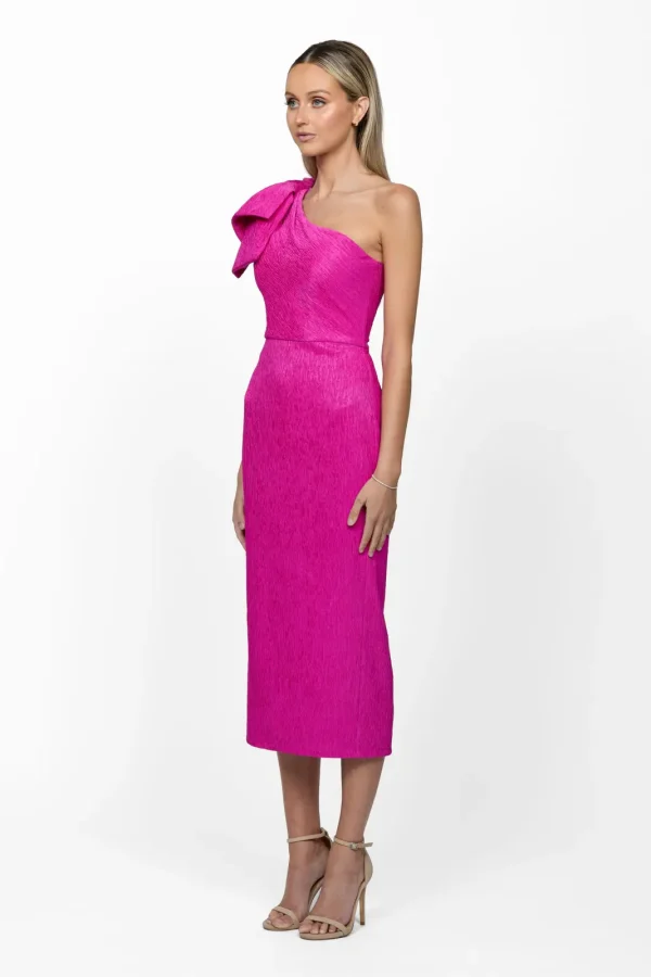 Kindra One Shoulder Bow Midi BL63D20S by Bariano in hot pink. side view