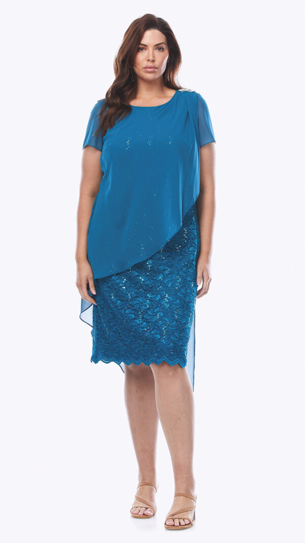 Layla Jones LJ0135 short sleeve sequin dress with asymmetrical chiffon overlay in Sapphire