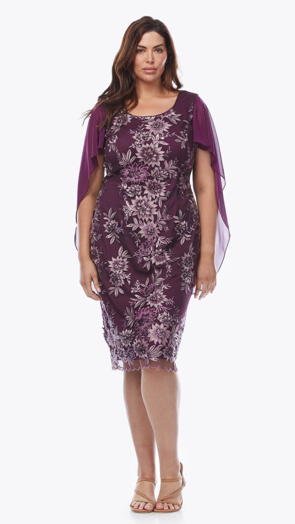 Layla Jones LJ0411 Floral embroidered shift dress with chiffon cape in Mulberry, front view