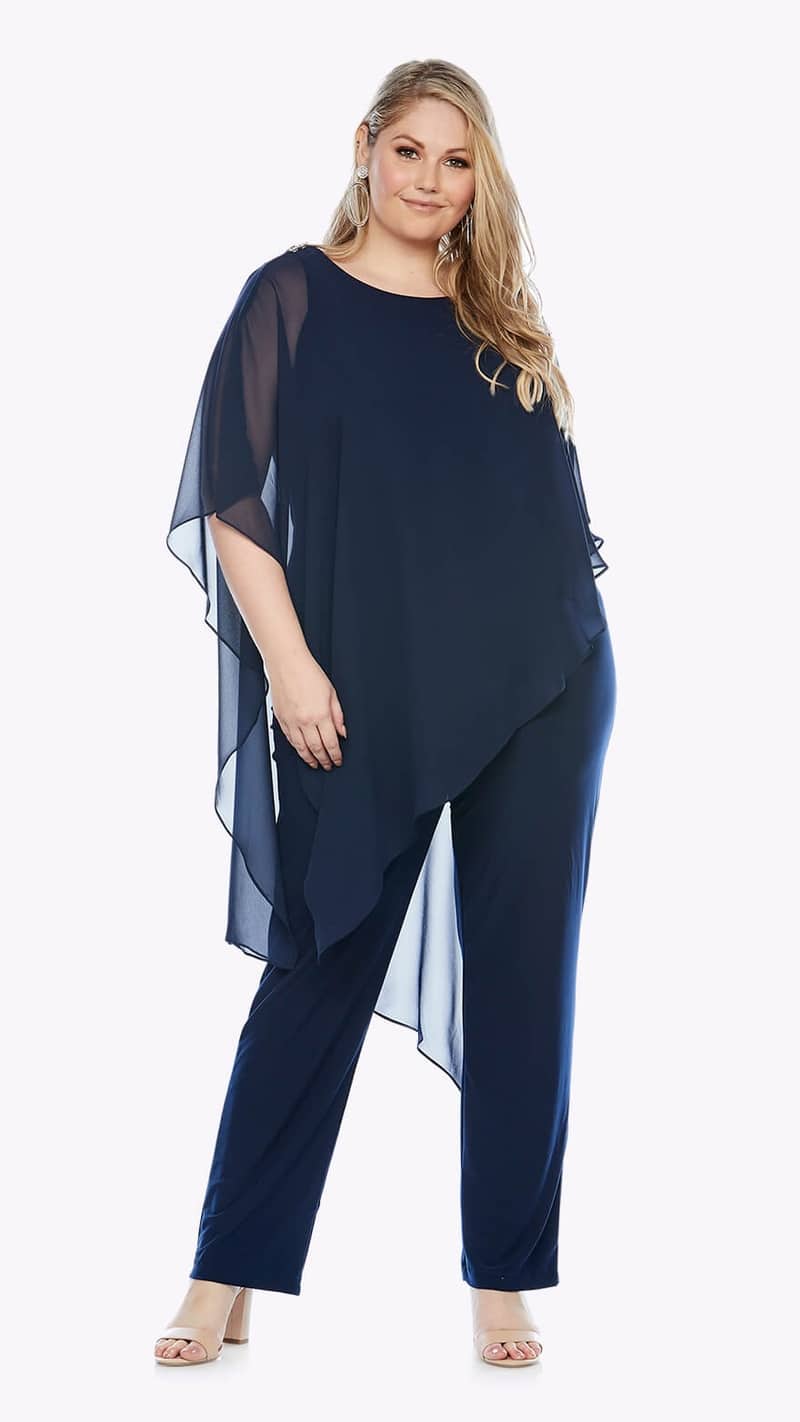 Layla Jones LJ0355 Stretch jersey pantsuit with chiffon overlay and diamante trim in Midnight. full view