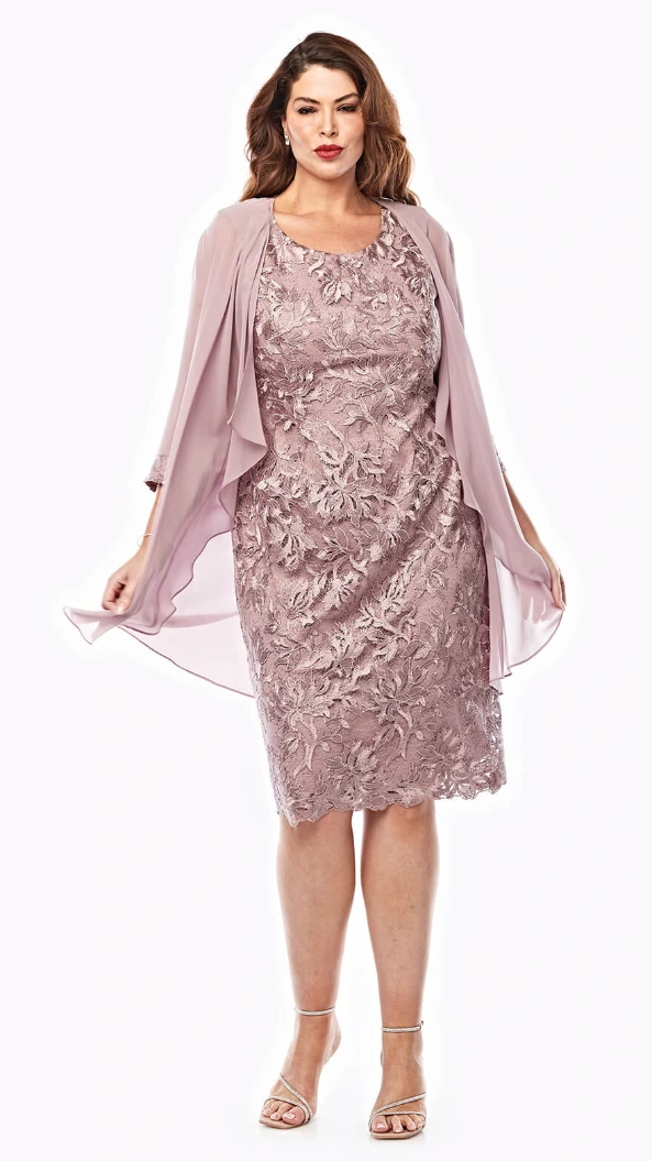 Layla JOnes LJ0439 embroidered sequin lace dress with chiffon waterfall jacket in rose. front view
