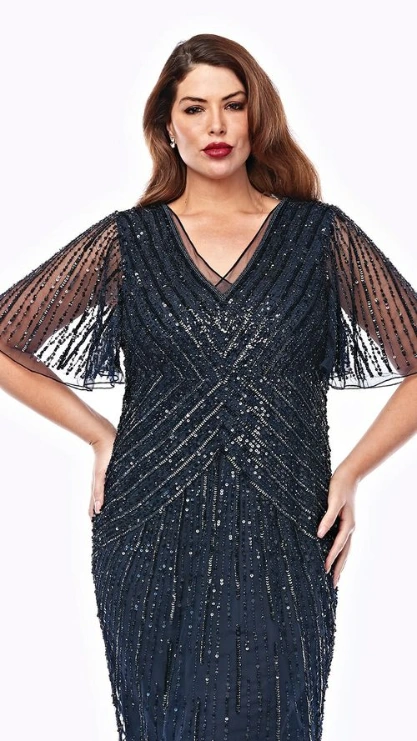 Layla Jones LJ0507 short sequined dress with sheer sequined sleeve, V-neck, knee length. close up view