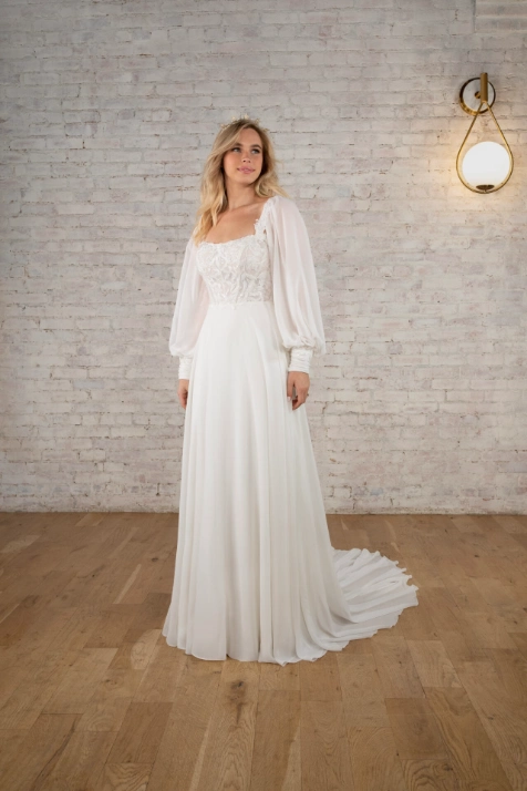 Stella York 7813 flowy long sleeve A-line wedding dressin ivory