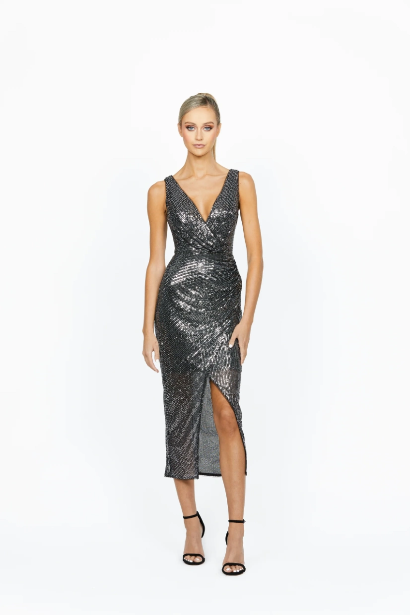 Bariano - BL51D16S Luster Sequin Wrap Midi Dress front