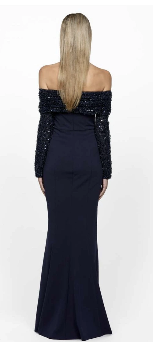Kiara B63D24 by Bariano. Long sleeve off the shoulder formal dress with sequin cuff & sleeves. Sleeves are detachable. Navy back