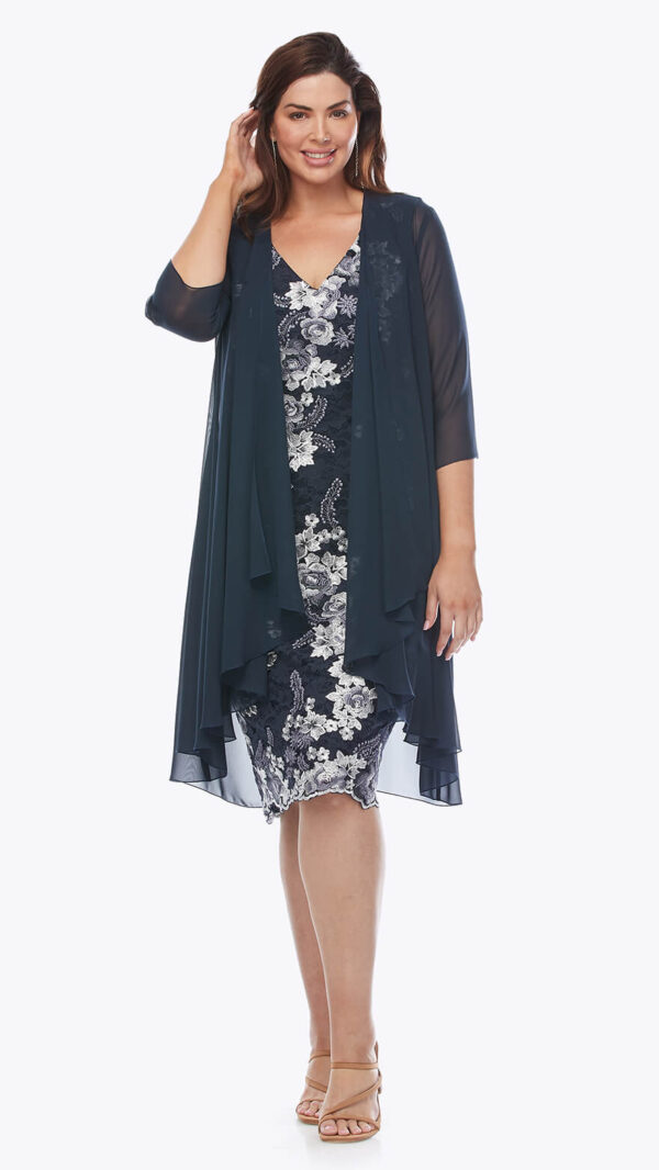 Layla Jones LJ0426 Navy with white floral embroidery shift dress with chiffon waterfall jacket.