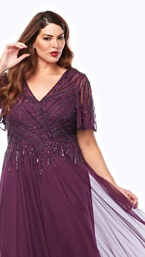 Layla Jones LJ0525 full length dress with sequin bodice & sleeve. Chiffon overlaid skirt in Mulberry. close up view