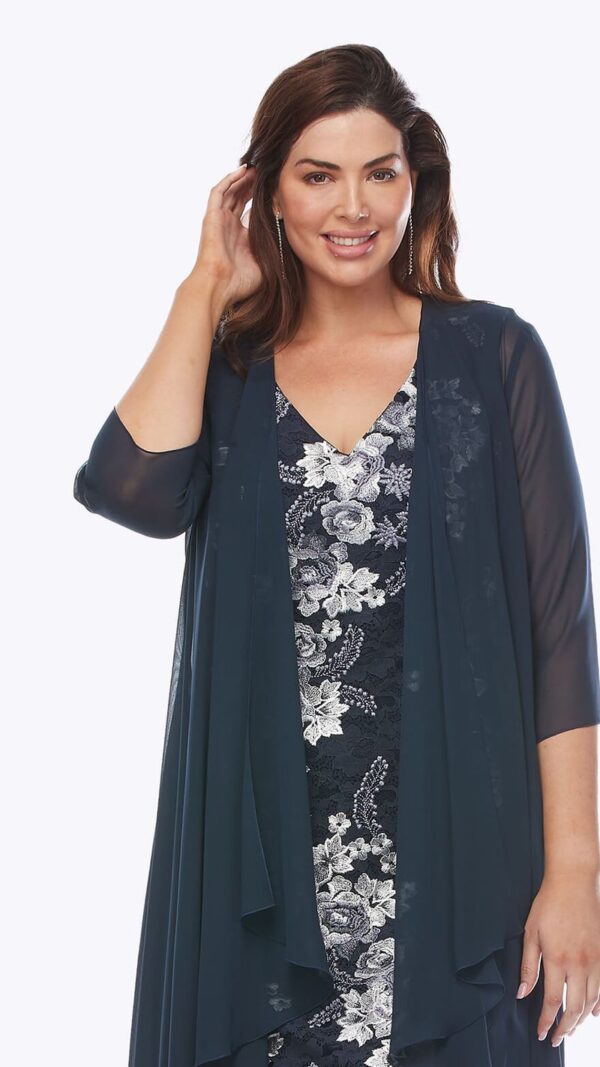 Layla Jones LJ0426 Navy with white floral embroidery shift dress with chiffon waterfall jacket. close up view