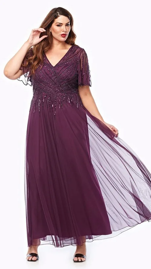 Layla Jones LJ0525 full length dress with sequin bodice & sleeve. Chiffon overlaid skirt in Mulberry. Front view