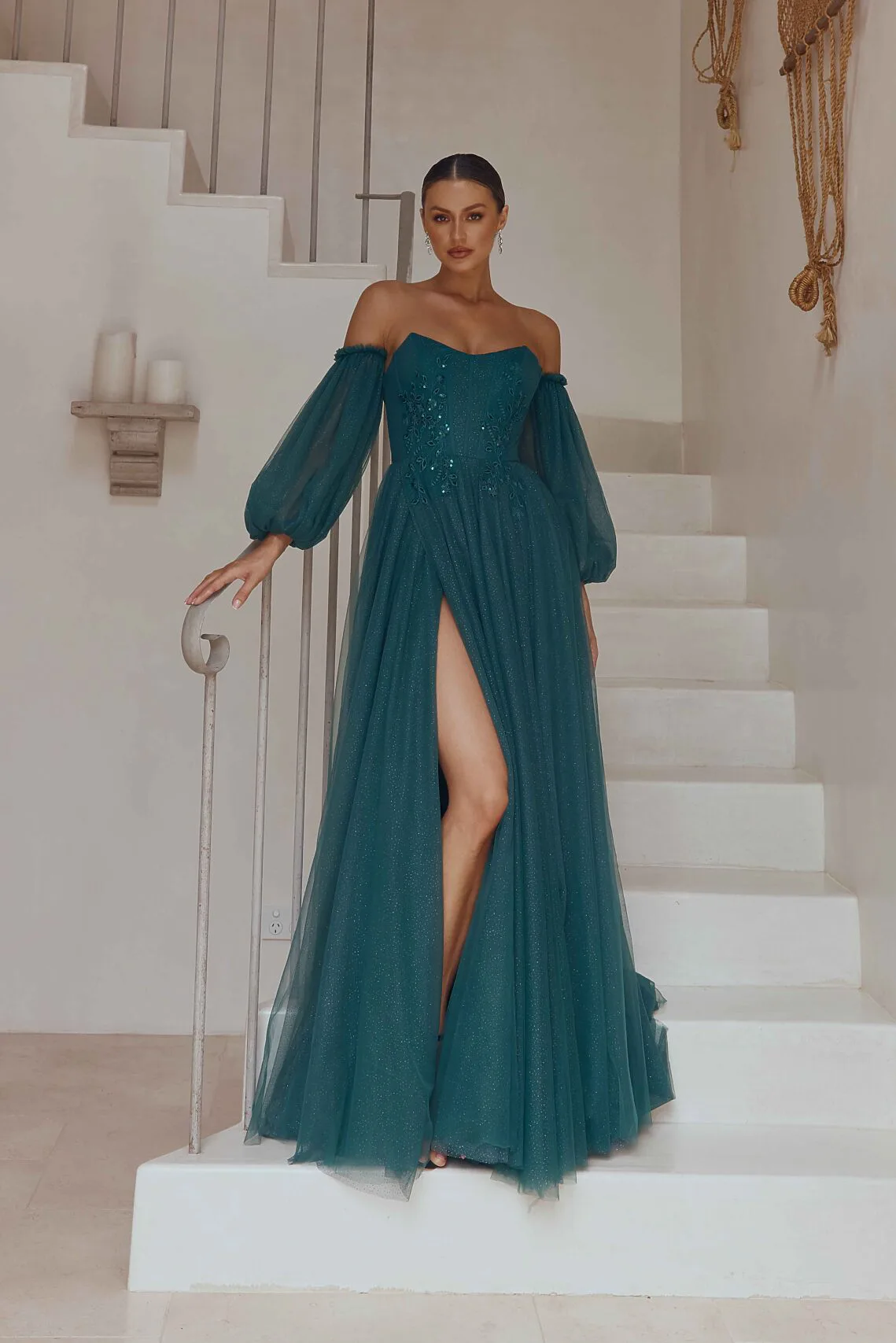 Lily PO2305 strapless formal dress with detachable puff sleeve. Emerald