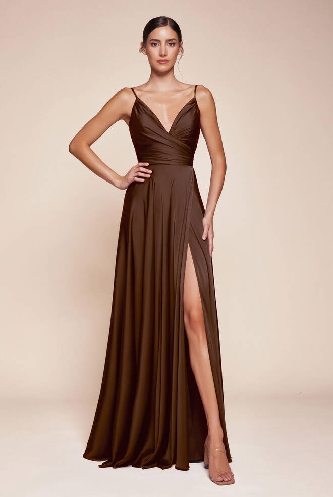 Kimberley espresso satin A-line formal dress with thin straps, sweetheart neckline, gathered waist, and leg split front view