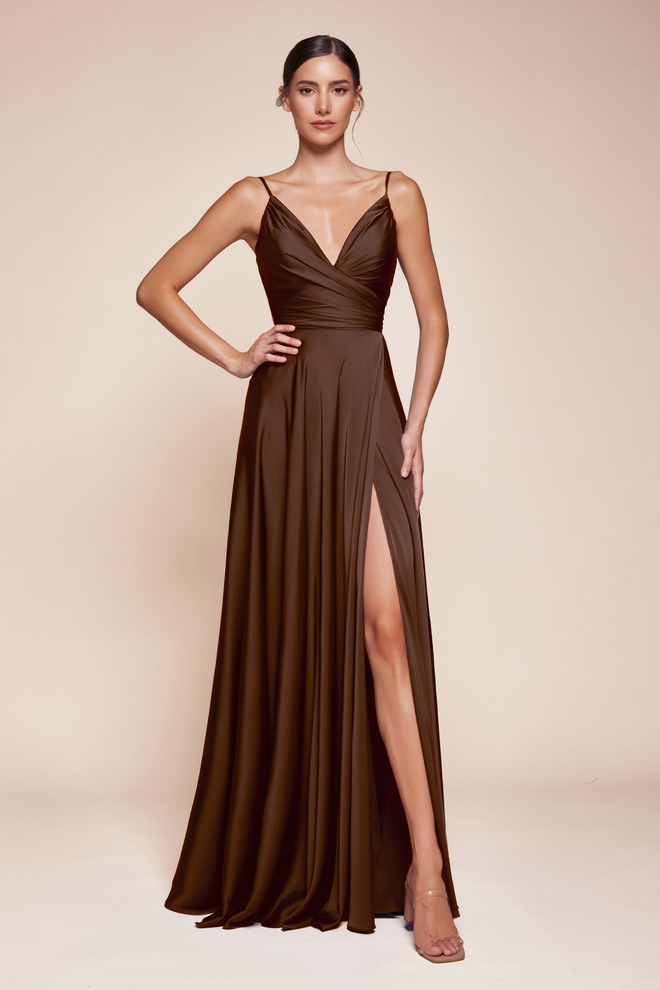 Kimberley espresso satin A-line formal dress with thin straps, sweetheart neckline, gathered waist, and leg split front view
