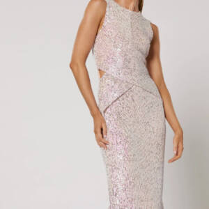 Model wearing the Winona Kiama Midi Dress – midi length with round neckline, wrap front panel, side cut-outs, and back split.