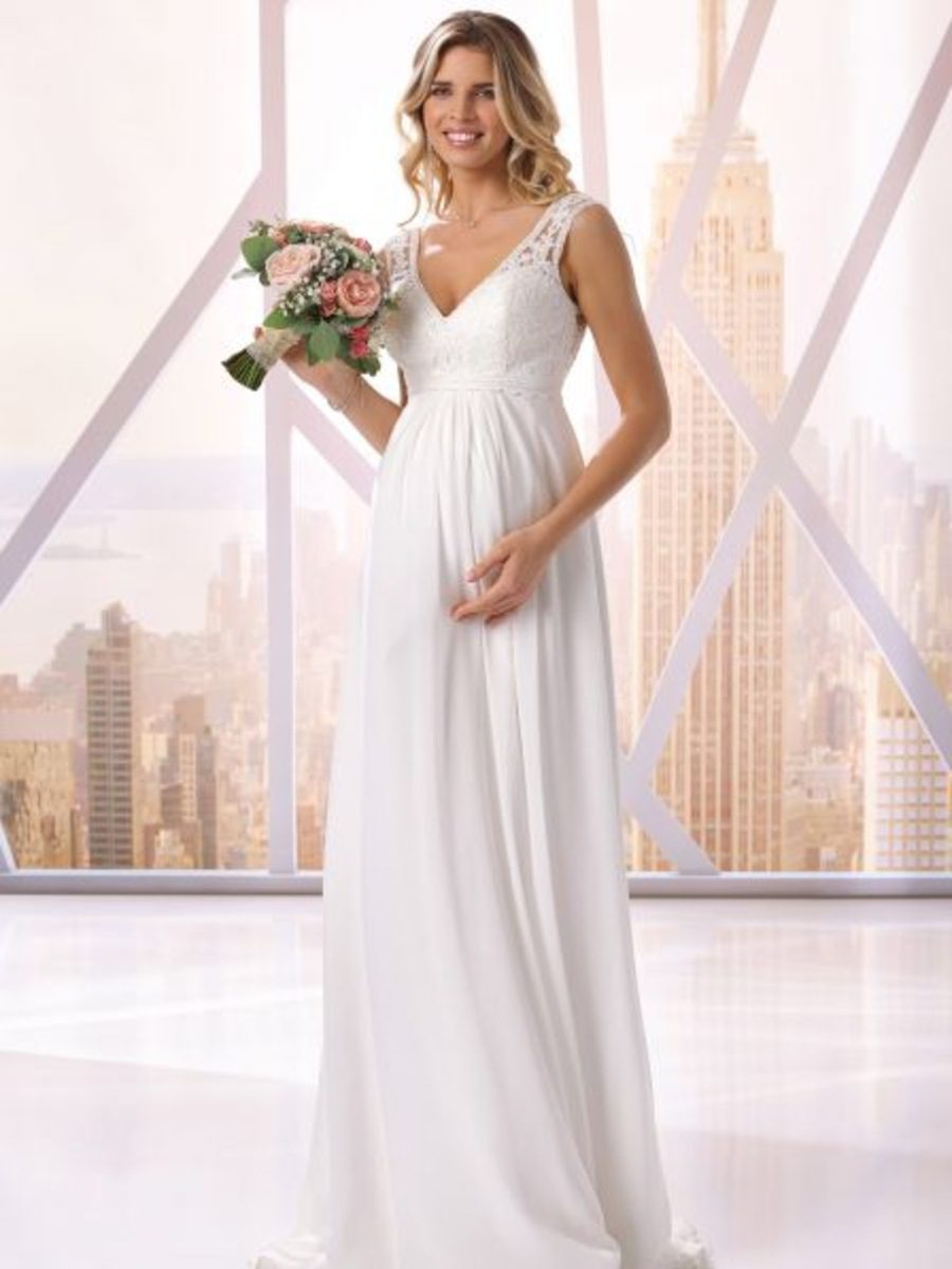 Ladybird Polly maternity wedding dress with lace V-neck bodice, flowing chiffon skirt and flattering empire waist designed for expectant brides.