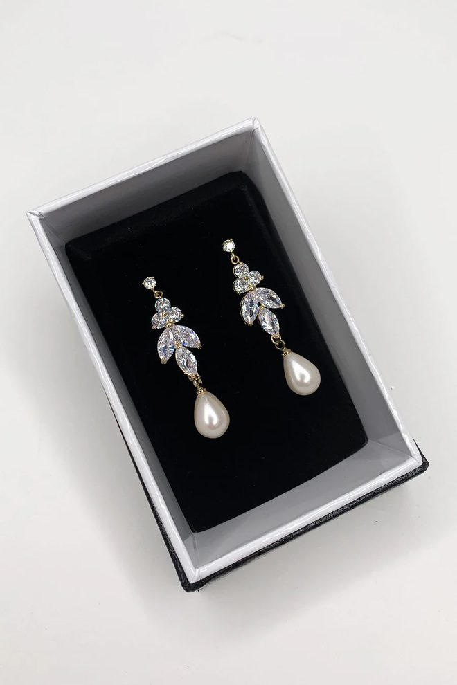 Remy Art Deco Style Crystal & Pearl Drop Earring in Gold