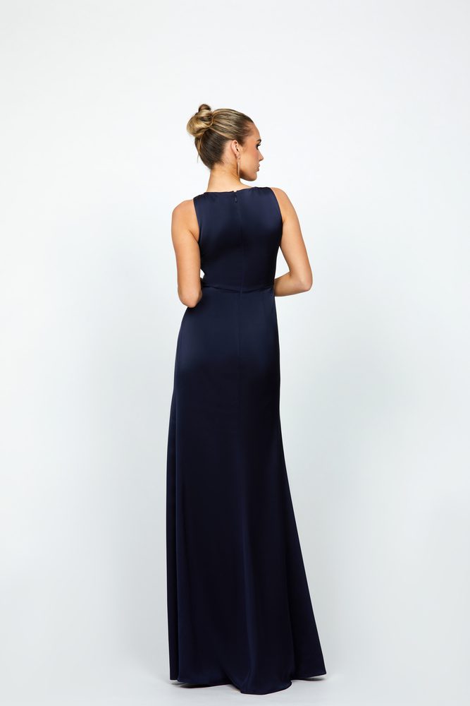 Back view of Bariano Adelynn navy maxi dress showing wide straps, smooth back and full-length skirt with invisible zip