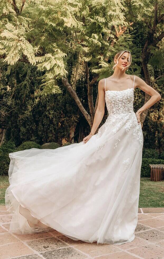 Style SY8105 lace and tulle A-line wedding dress with square neckline and beaded straps