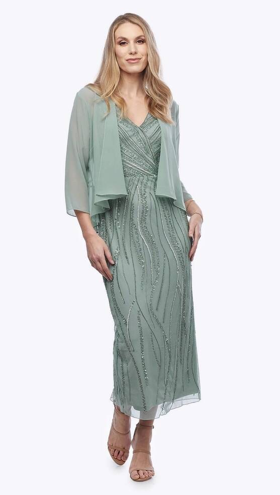 Jesse Harper JH0590 Mist beaded midi dress with V-neckline, paired with matching georgette jacket for formal wedding and mother of the bride wear.