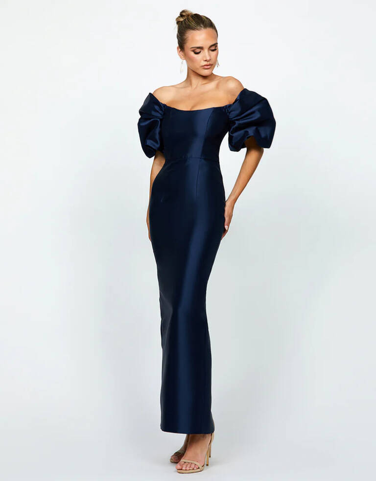 Meredith Puff Sleeves Scooped Gown in Printed Duchess Satin, off-shoulder neckline, puff sleeves, and column skirt with back split