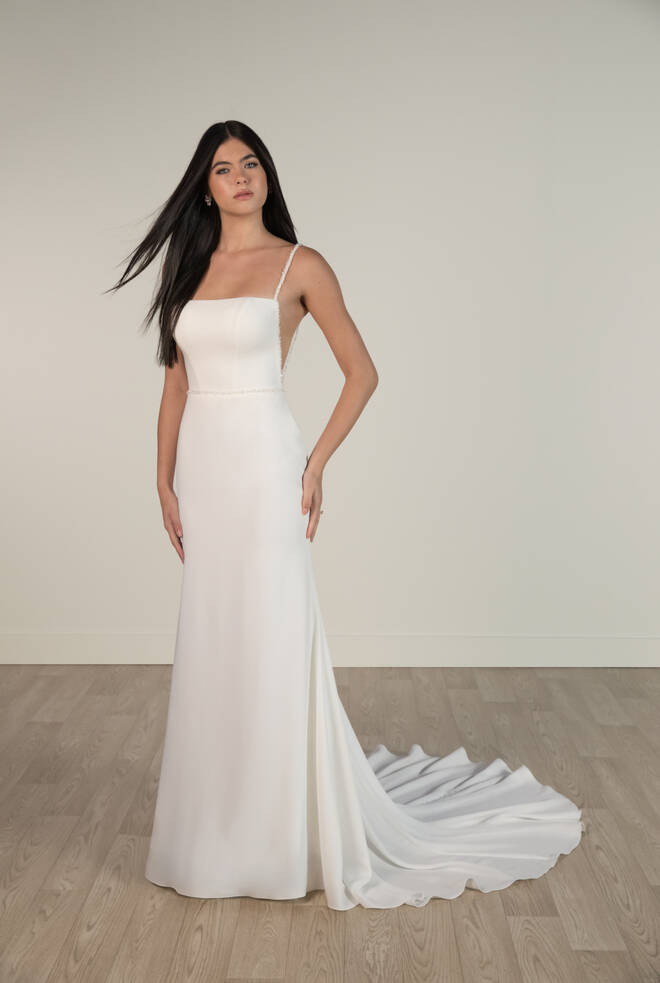 Bride wearing Stella York SY8071 crepe column wedding dress with square neckline, beaded straps, and crystal button detail