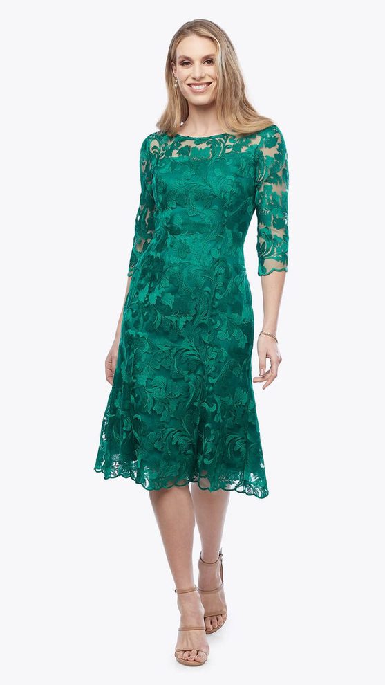 Jesse Harper JH0255 jade embroidered mesh mother of the bride or groom dress with ¾ sleeves and A-line skirt.”