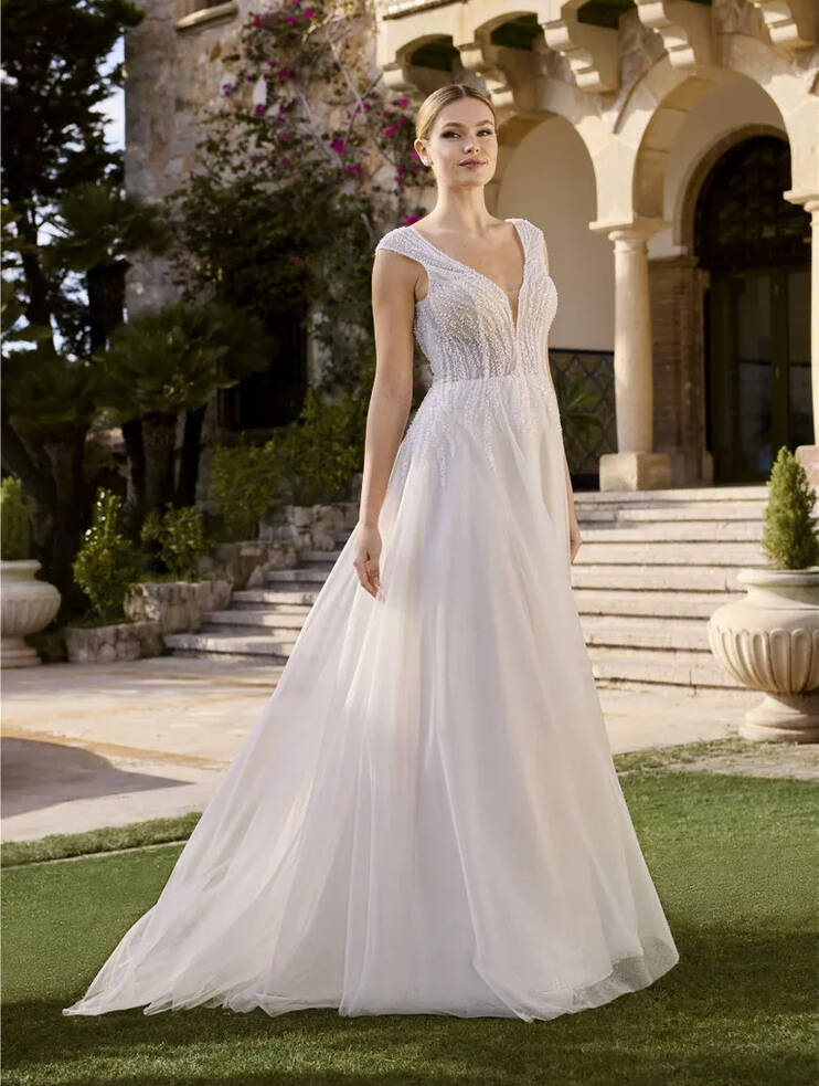 Front view of Sannah by Ladybird Bridal A-line wedding dress with V-neck, beaded bodice and flowing glitter tulle skirt.