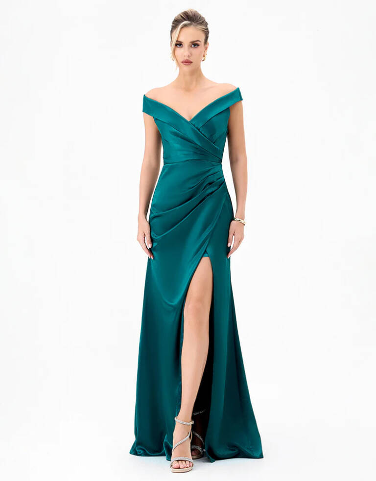 Teal off-shoulder evening gown (Aliana B81D21L) with ruched crossover bodice, fitted waist and draped skirt with thigh-high split, front view.