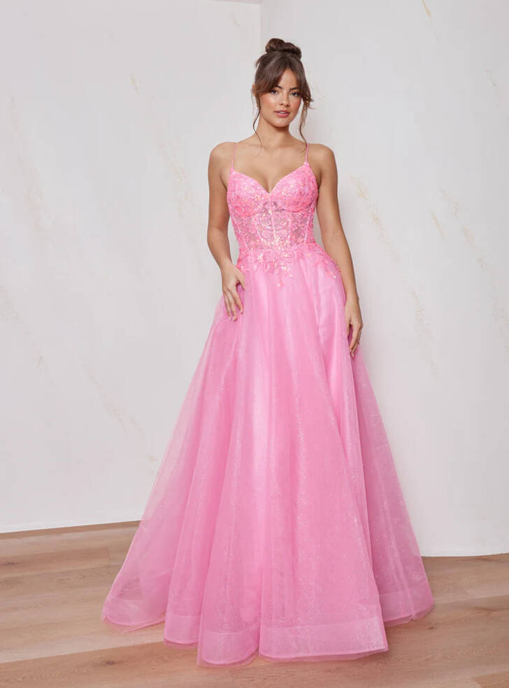 Front view of the Charmaine Formal Dress PO2680 by Tania Olsen Designs in pink sparkle tulle with lace appliqué bodice, sweetheart neckline, and full A-line skirt.