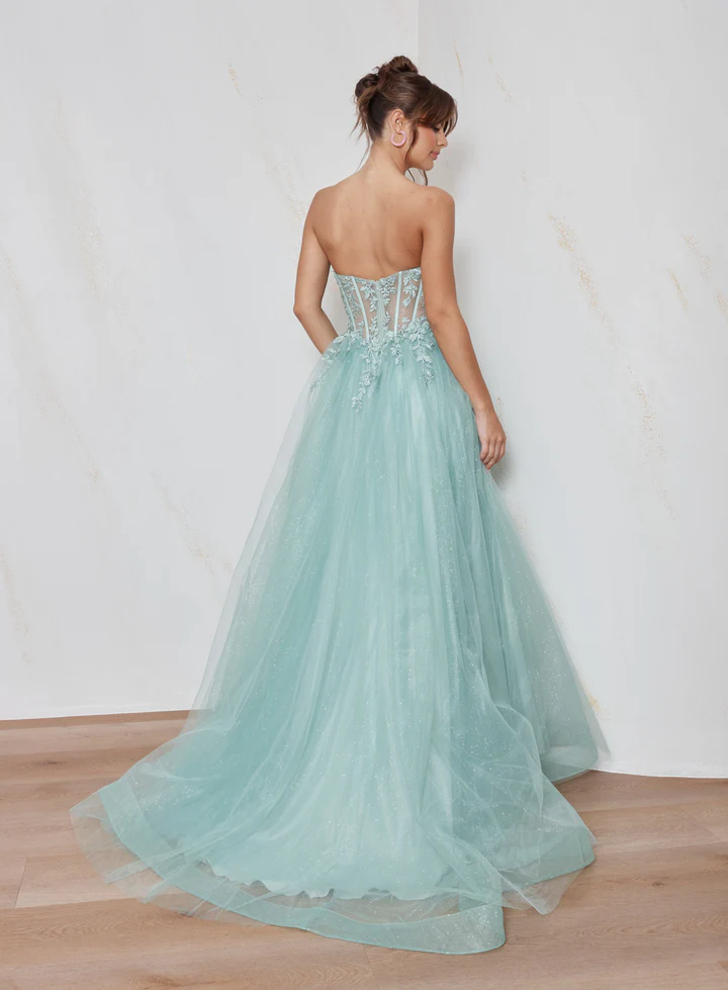 Back view of the Clara Formal Dress PO2678 by Tania Olsen Designs in soft blue with illusion back, lace appliquรฉ, chapel-length train, and glitter tulle skirt.