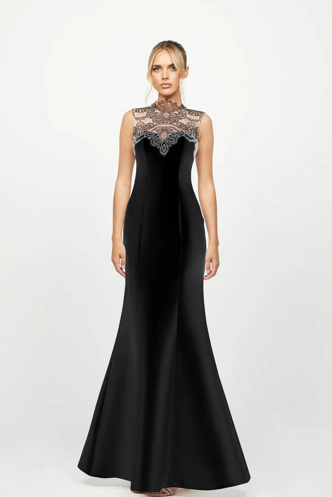 Jana Lace High Neck Gown b79d12l by Bariano Australia, black fitted formal dress with sheer lace high neckline and mermaid silhouette front view