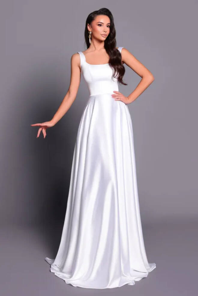 Front view of the Nicoletta NBM2018 Debutante Dress in white satin with a square neckline, wide straps and floor-length A-line skirt.