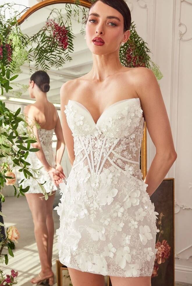 Hayleigh by Ladivine off white strapless mini bridal dress with corset bodice and 3D floral appliqué front view