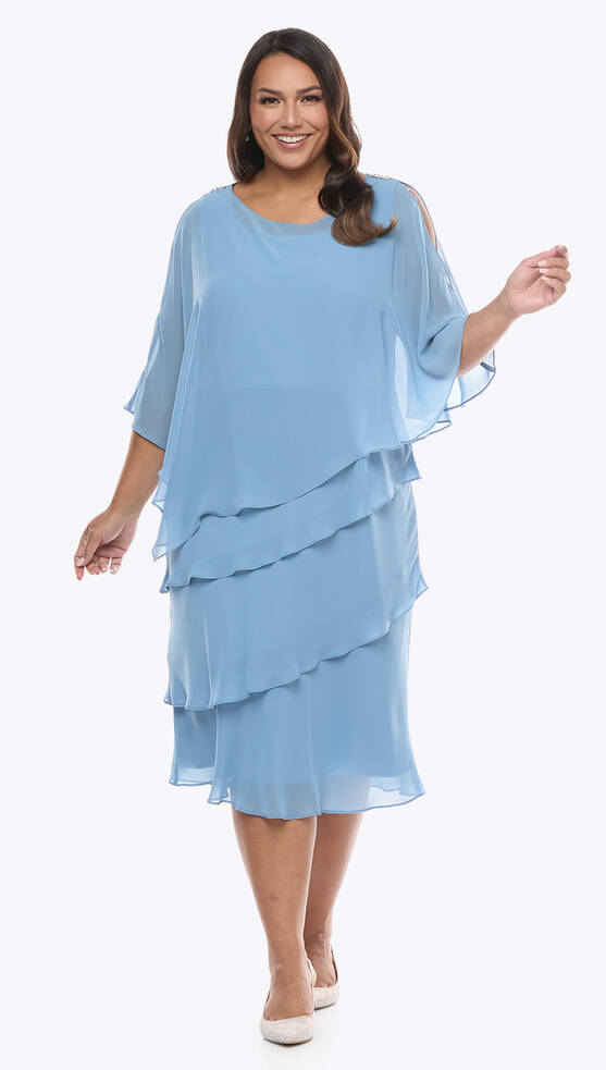 Layla Jones LJ0003 soft chiffon dress with layered skirt and diamanté shoulder, split 3/4 sleeve cape overlay. Elegant knee-length