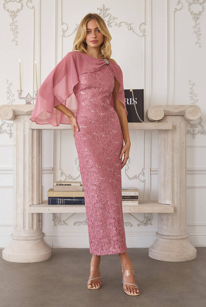 Verna dusty rose fitted sequin lace evening gown with high neckline and sheer chiffon cape overlay front view