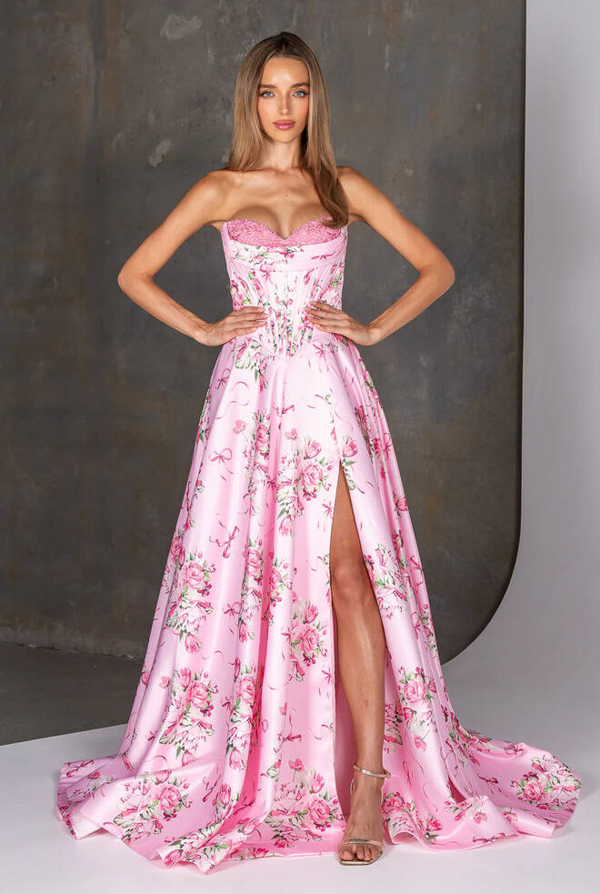 Durie PO26134 by Tania Olsen Designs pink floral satin A-line formal dress with strapless sweetheart corset bodice, basque waist and thigh-high split.